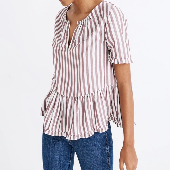 Madewell | Striped Stanza Ruffle Hem Short Sleeve Peplum Top, XL - Picture 2 of 10